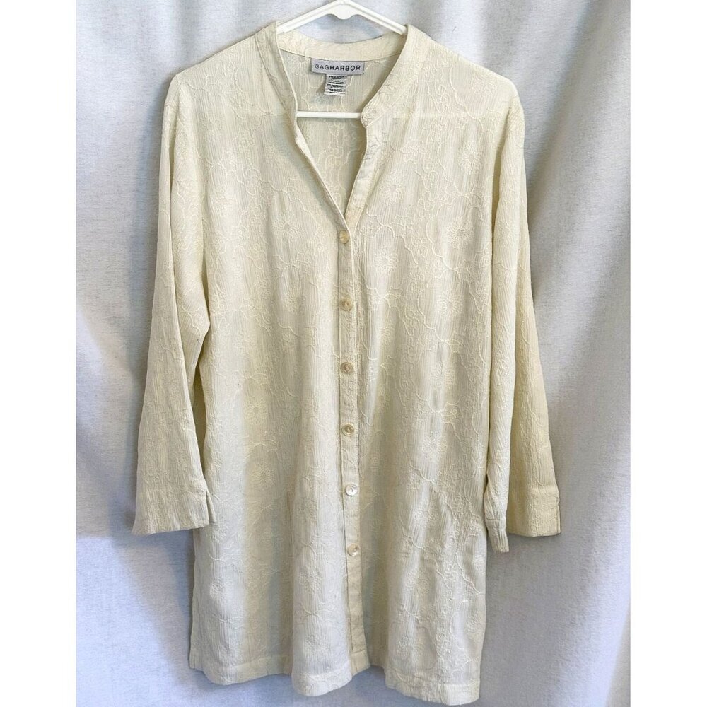 Embroidered tunic Coverup/blouse, Sag Harbor, long sl, vneck, Cream XL